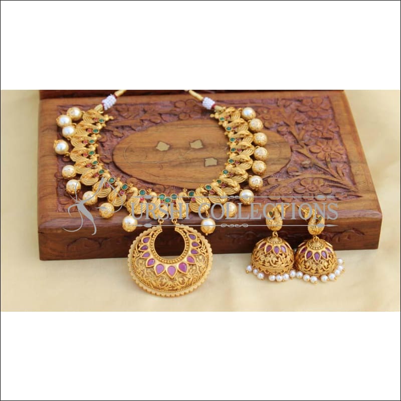 Designer Matte Finish Peacock Necklace Set UC-NEW355 - Ruby and Green - Necklace Set