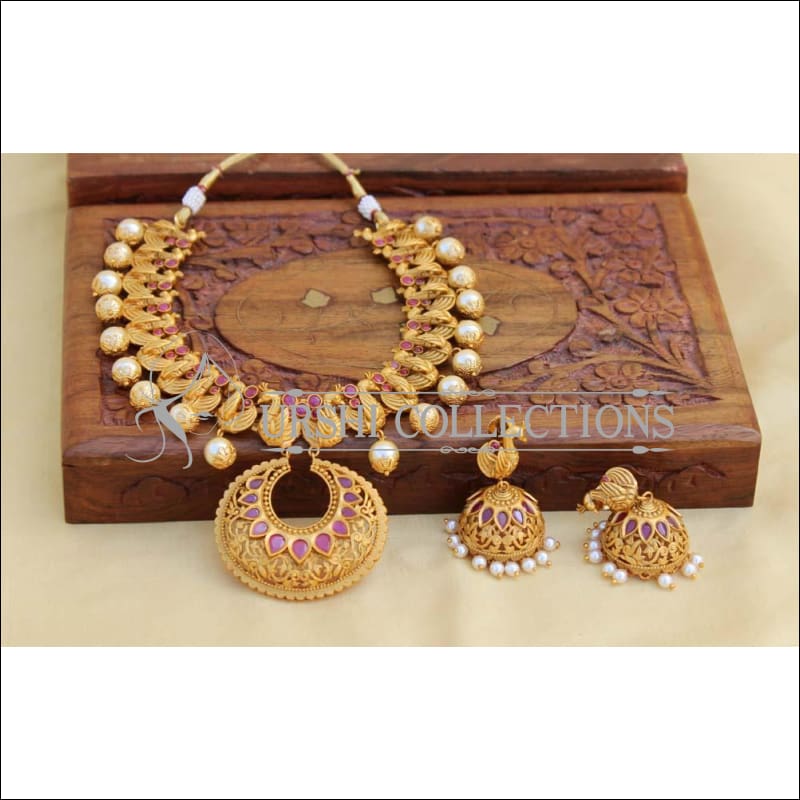 Designer Matte Finish Peacock Necklace Set UC-NEW355 - Ruby - Necklace Set