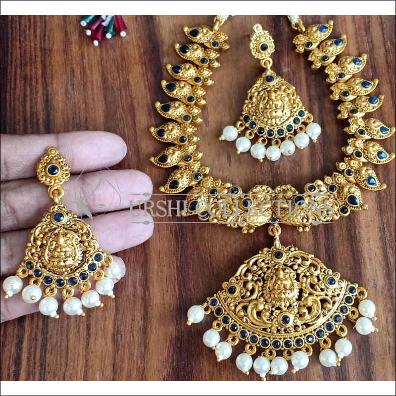 DESIGNER MATTE FINISH PEACOCK NECKLACE SET UTV1079 - BLACK - Necklace Set