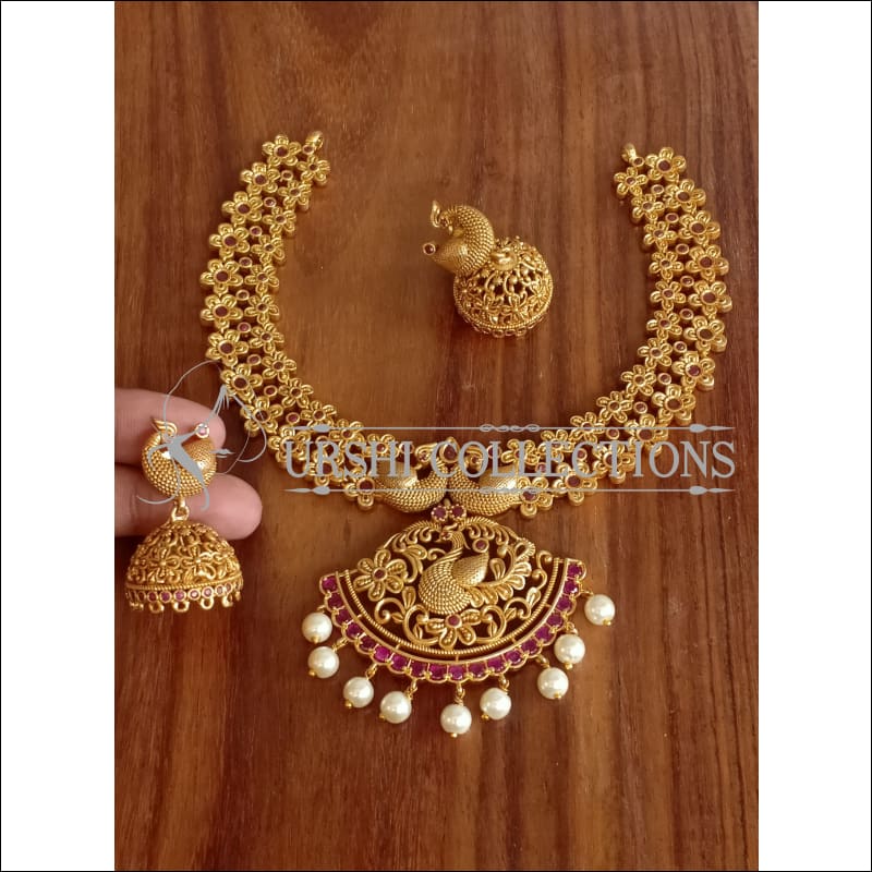 DESIGNER MATTE FINISH PEACOCK NECKLACE SET UTV1178 - RUBY - Necklace Set