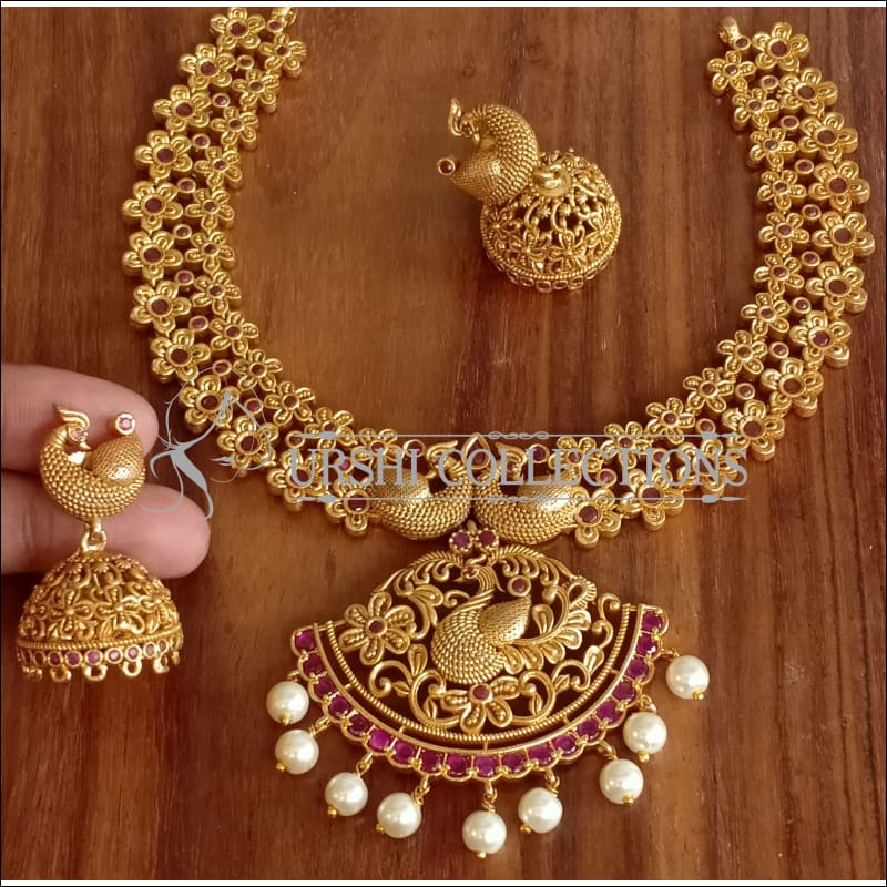 DESIGNER MATTE FINISH PEACOCK NECKLACE SET UTV1178 - Necklace Set