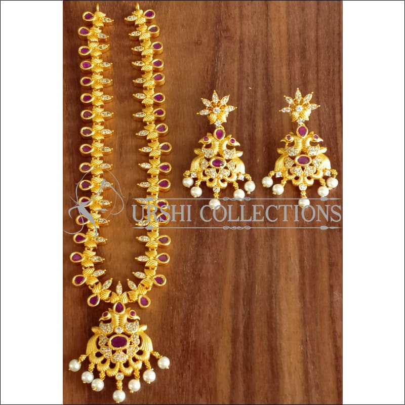 DESIGNER MATTE FINISH PEACOCK NECKLACE SET UTV1191 - RUBY - Necklace Set