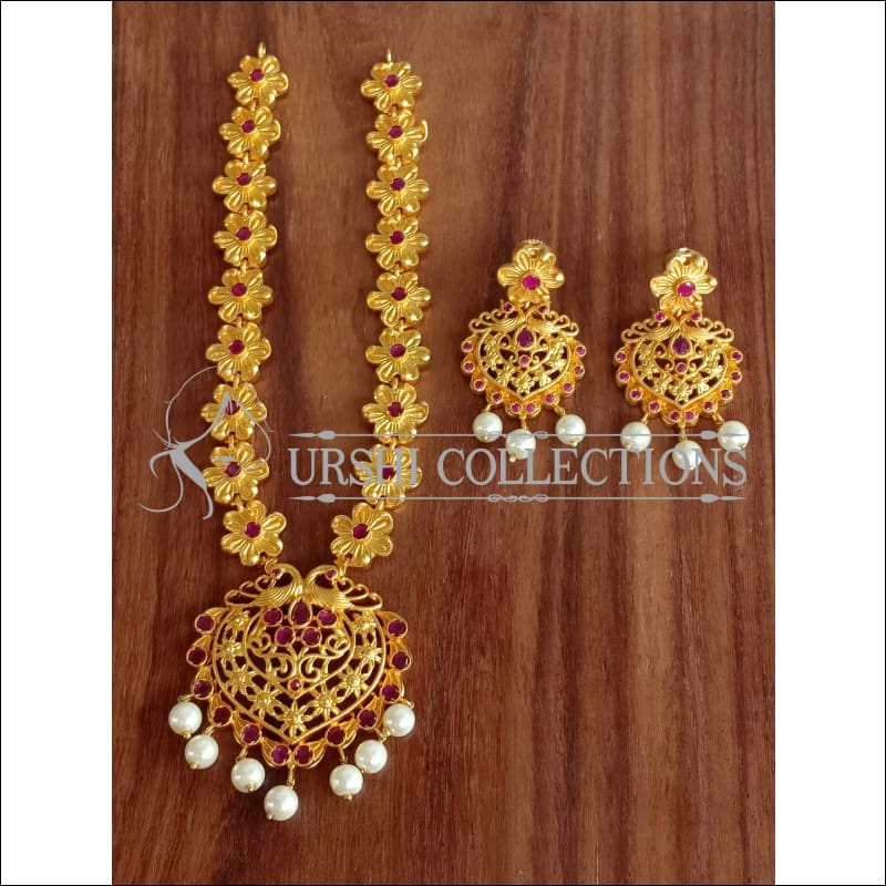 DESIGNER MATTE FINISH PEACOCK NECKLACE SET UTV1198 - RUBY - Necklace Set