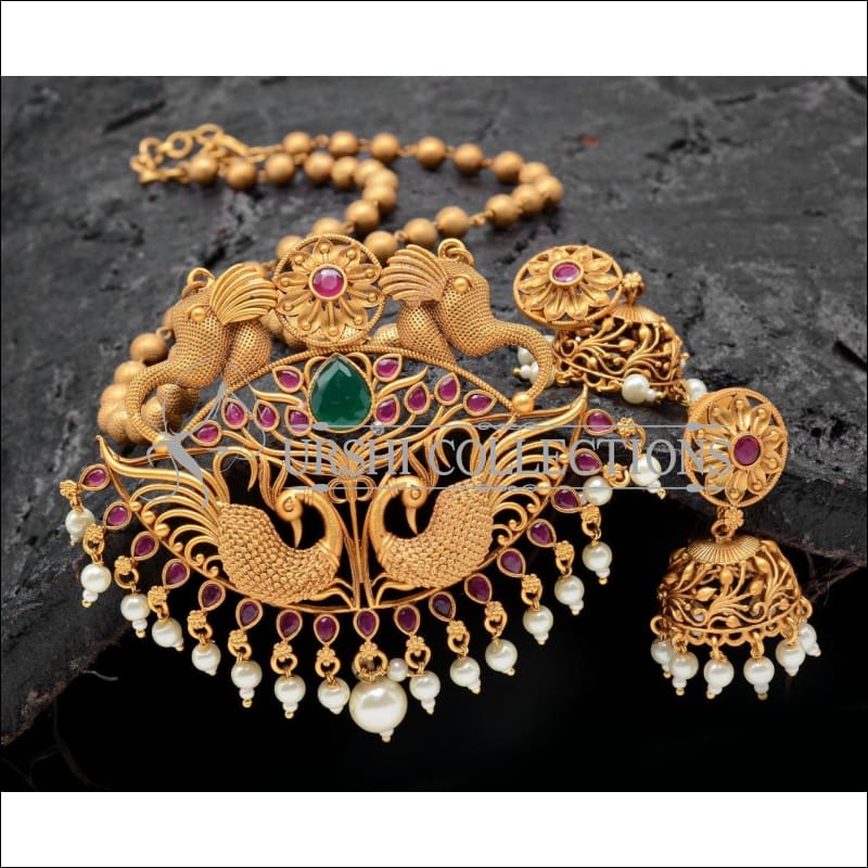 Designer Matte Finish Peacock Pendant Set UC-NEW306 - Red and Green - Pendant Set