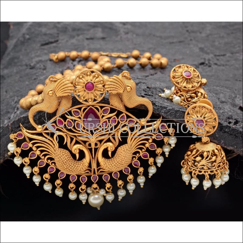 Designer Matte Finish Peacock Pendant Set UC-NEW306 - Red - Pendant Set