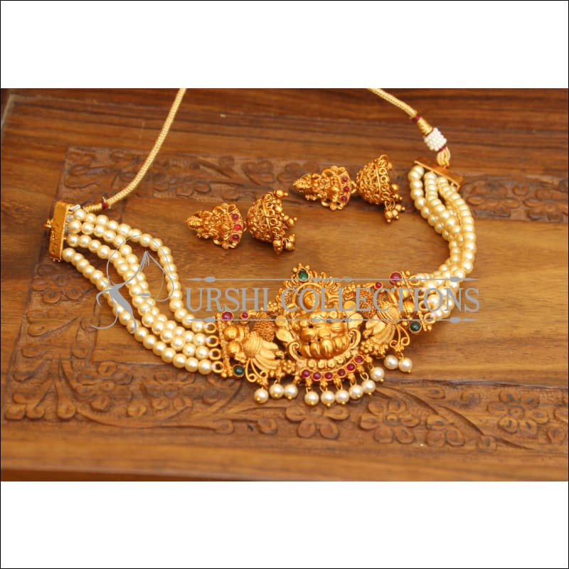 DESIGNER MATTE FINISH PEARL LAKSHMI NECKLACE SET UTV634 - Necklace Set