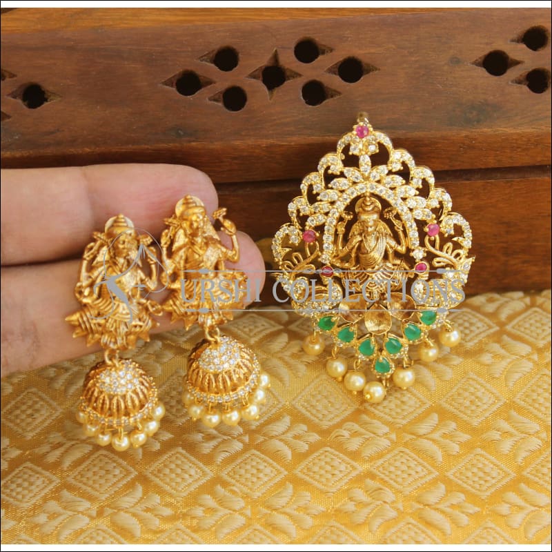 Designer matte finish temple CZ pendant set M573 - green - Pendant Set