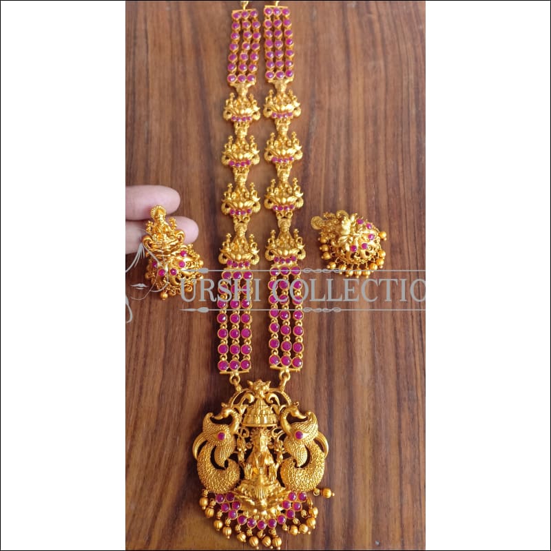DESIGNER MATTE FINISH TEMPLE NECKLACE SET UTV1314 - RUBY - Necklace Set