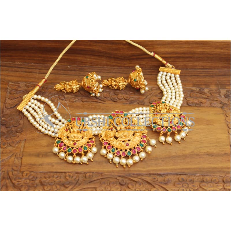 DESIGNER MATTE FINISH TEMPLE PEARL NECKLACE SET UTV637 - Necklace Set