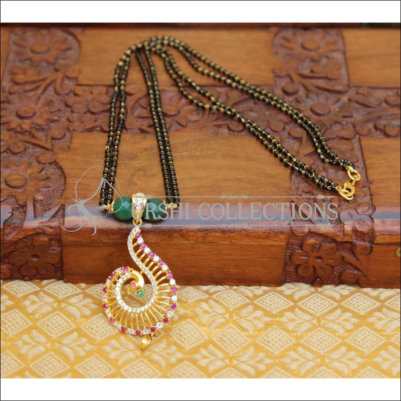 DESIGNER PEACOCK BLACK BEADS NECKLACE UTV46 - GREEN - Mangalsutra