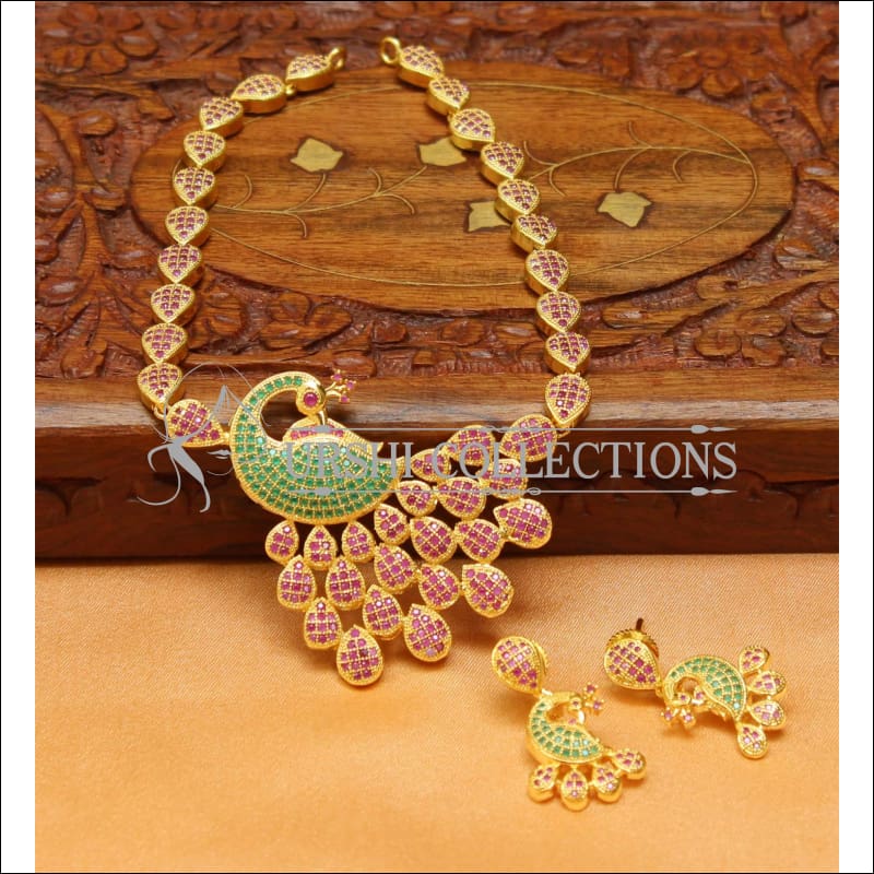 Designer Peacock CZ Necklace Set UC-NEW1443 - Ruby and Green - Necklace Set