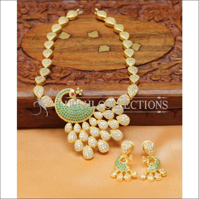 Designer Peacock CZ Necklace Set UC-NEW1443 - White and Green - Necklace Set
