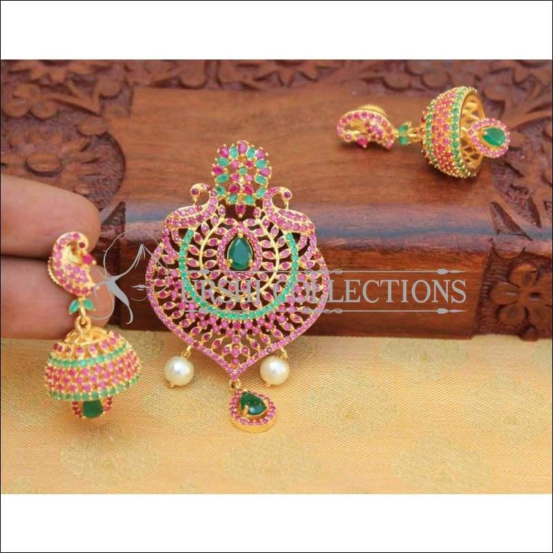 Elegant Colourful Stone Studded Peacock Pendant Jhumka Set - Multi - Pendant Set