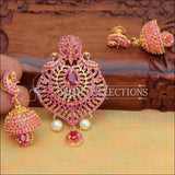 Elegant Colourful Stone Studded Peacock Pendant Jhumka Set - Pink - Pendant Set