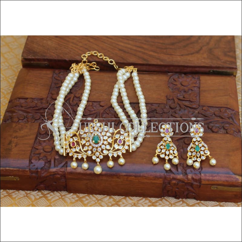 ELEGANT CZ GOLD PLATED PEARL NECKLACE SET UTV322 - Necklace Set