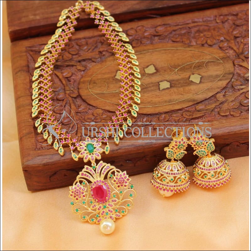 Elegant CZ Necklace Set UC-NEW1456 - Ruby & Green - Necklace Set