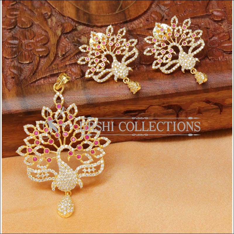Elegant Designer CZ Peacock Pendant Set UC-NEW1854 - Ruby - Pendant Set