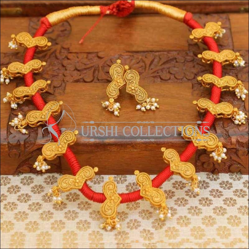 Elegant Designer Red Thread Necklace Set - Necklace Set