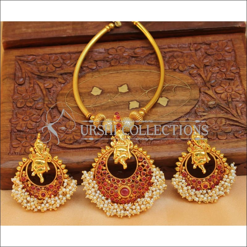 Elegant Geru Polish Ganesha Necklace Set UC-NEW2295 - Ruby - Necklace Set