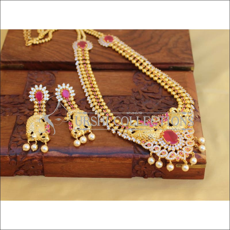 ELEGANT GOLD PLATED CZ PEACOCK NECKLACE SET UTV452 - Necklace Set