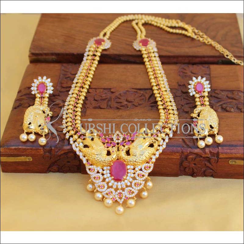 ELEGANT GOLD PLATED CZ PEACOCK NECKLACE SET UTV452 - Necklace Set