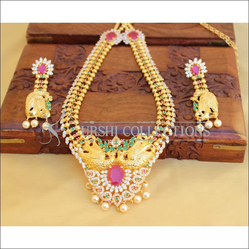ELEGANT GOLD PLATED CZ PEACOCK NECKLACE SET UTV453 - Necklace Set