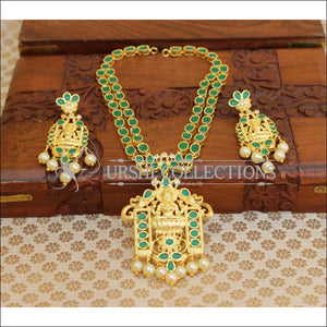 Elegant Gold Plated Lakshmi Necklace Set UC-NEW82 - Green and White - Necklace Set