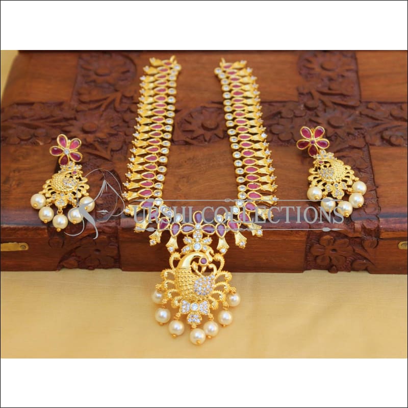 Elegant Gold Plated Peacock Necklace Set UC-NEW1768 - Red - Necklace Set