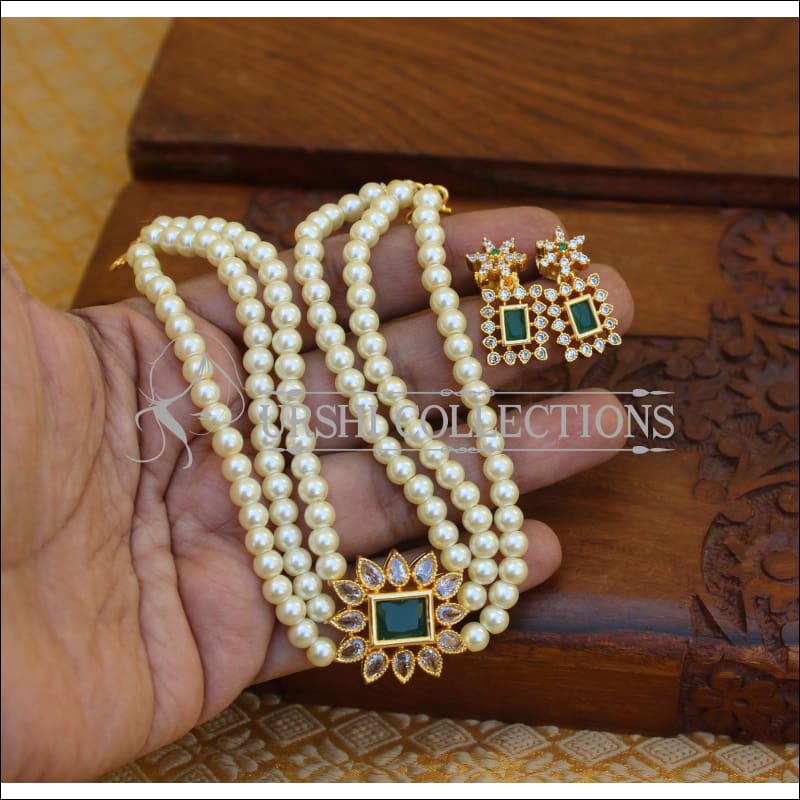 ELEGANT GOLD PLATED PEARL NECKLACE SET UTV324 - GREEN - Necklace Set
