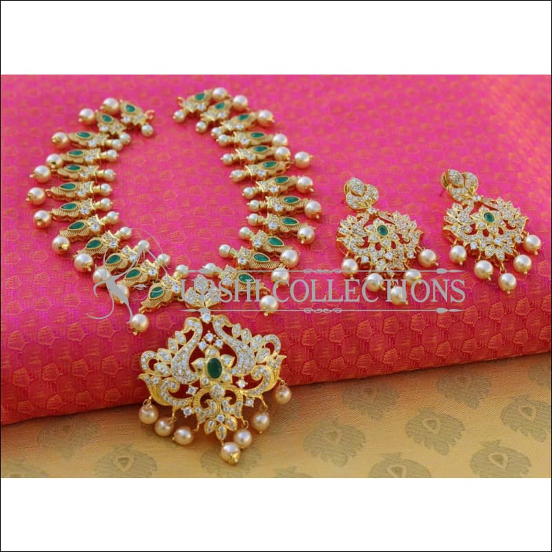 Elegant Matte Finish CZ Peacock Necklace Set UC-NEW2527 - Green - Necklace Set