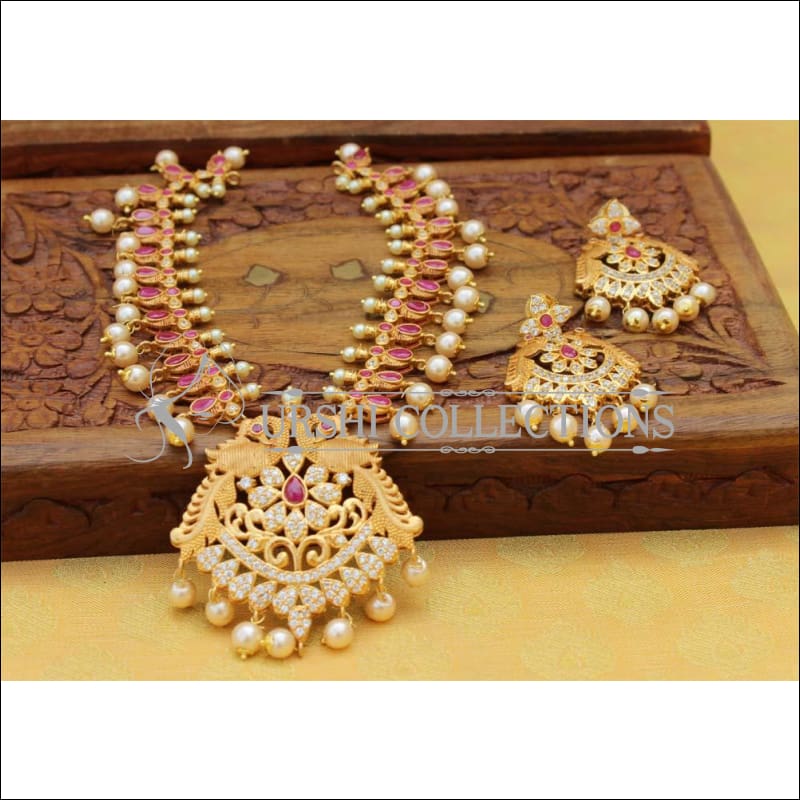 Elegant Matte Finish CZ Peacock Necklace Set UC-NEW2532 - Ruby - Necklace Set