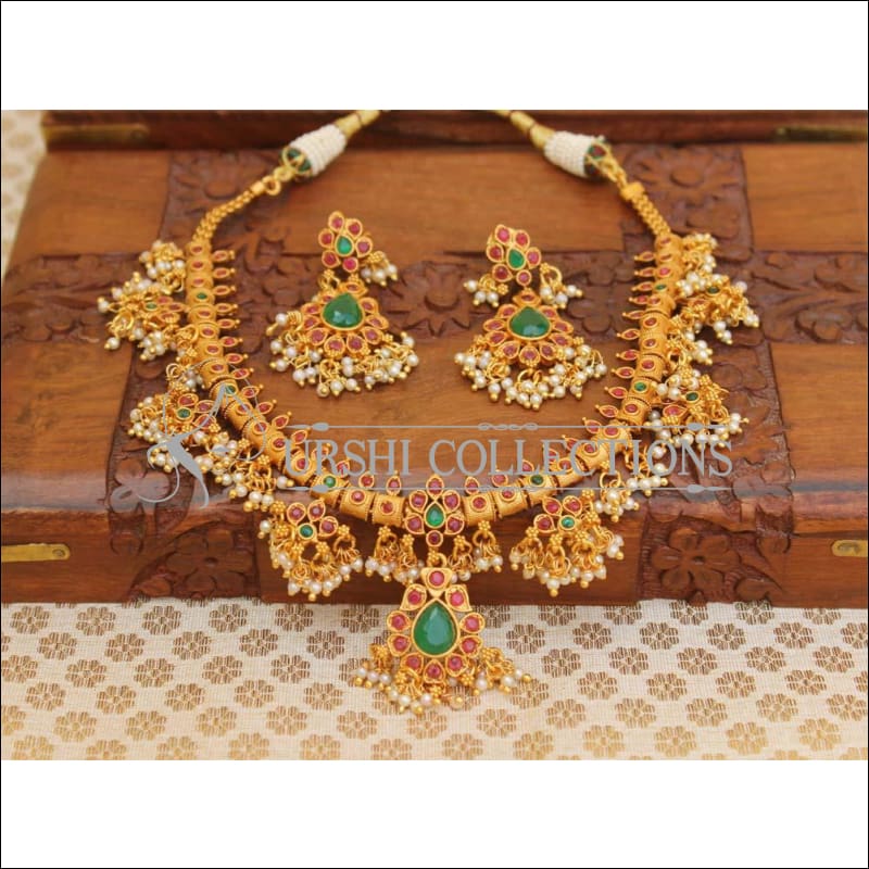 Elegant Matte Finish Designer Necklace Set UC-NEW363 - Green and Ruby - Necklace Set