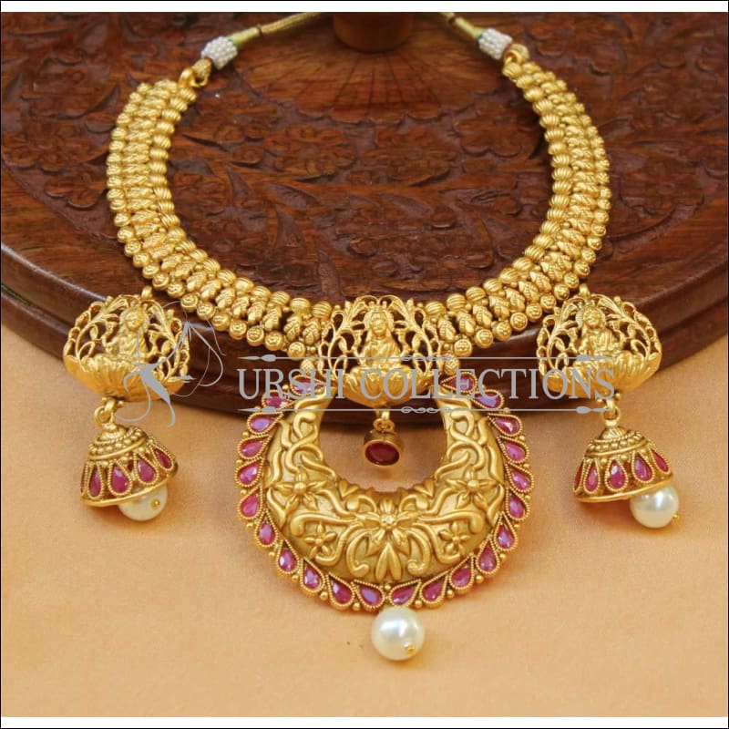 Elegant Matte Finish Lakshmi Necklace Set UC-NEW1210 - Red - Necklace Set