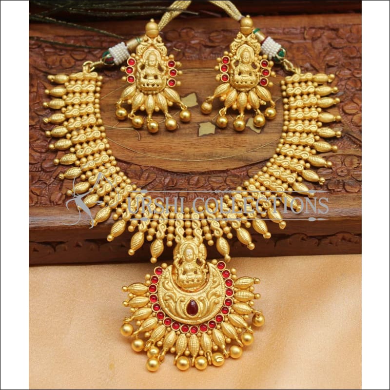 Elegant Matte Finish Lakshmi Necklace Set UC-NEW1308 - Red - Necklace Set