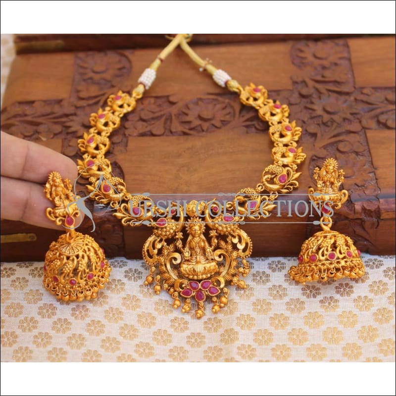Elegant Matte Finish Lakshmi Necklace Set UC-NEW2500 - Ruby - Necklace Set