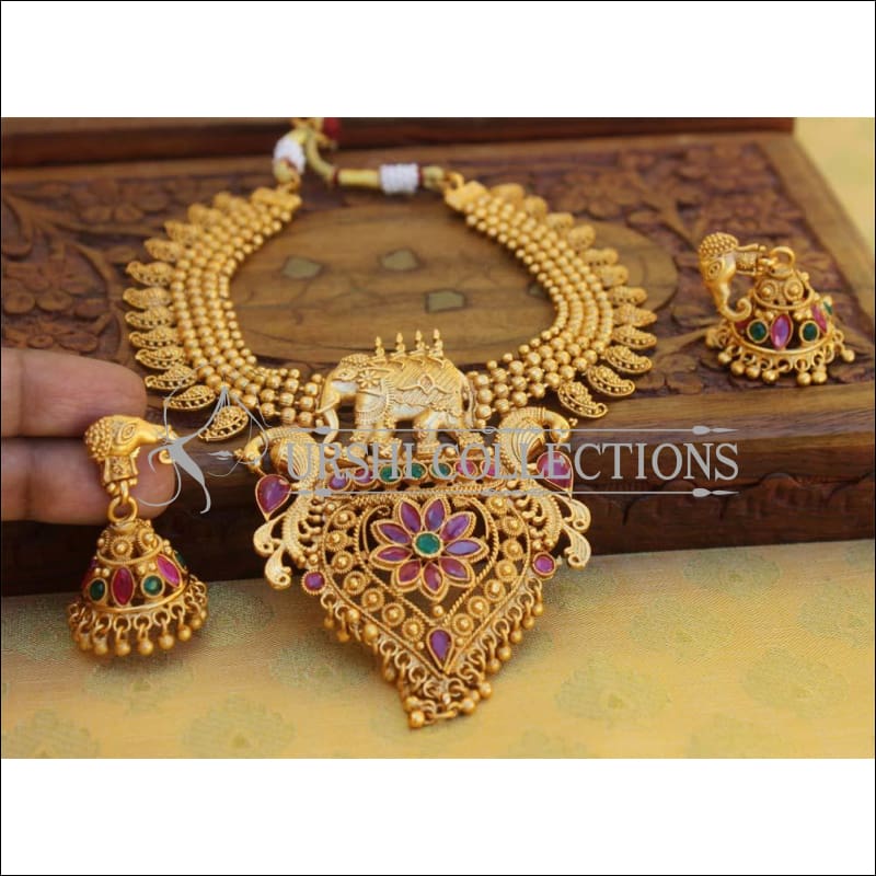 Elegant Matte Finish Mango Necklace Set UC-NEW318 - Ruby and Green - Necklace Set