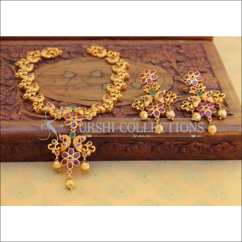 Elegant Matte Finish Necklace Set UC-NEW320 - Ruby and Green - Necklace Set
