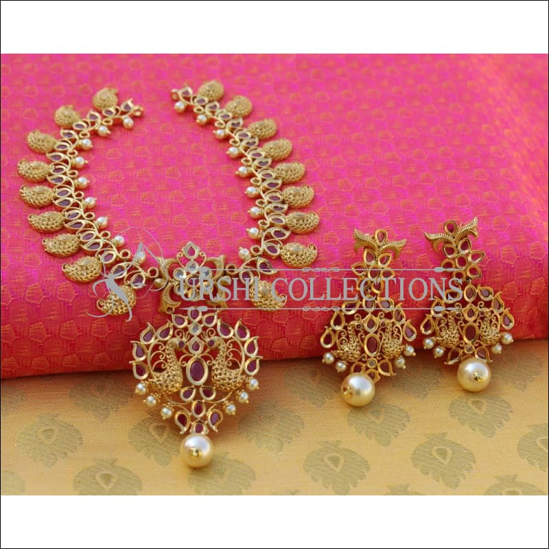 Elegant Matte Finish Peacock Necklace Set UC-NEW2519 - Ruby - Necklace Set