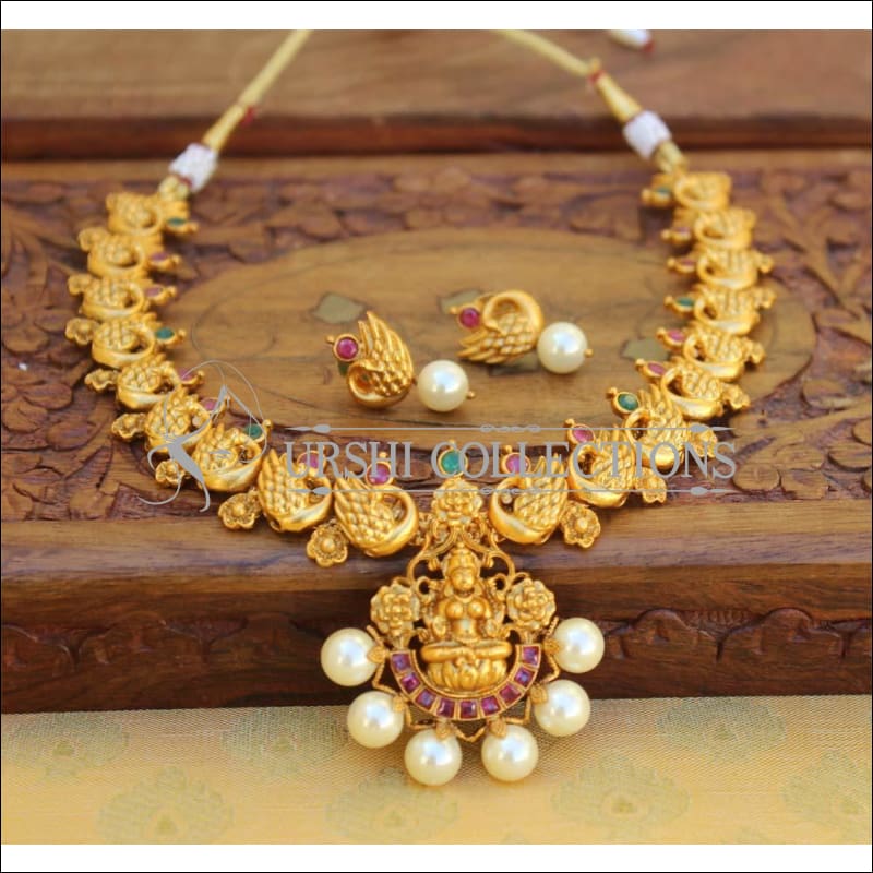 Elegant Matte Finish Peacock Necklace Set UC-NEW333 - Ruby and Green - Necklace Set