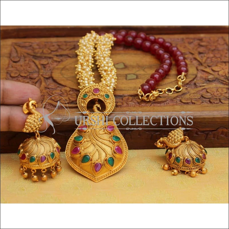 Elegant Matte Finish Peacock Necklace Set UC-NEW335 - Ruby and Green - Necklace Set