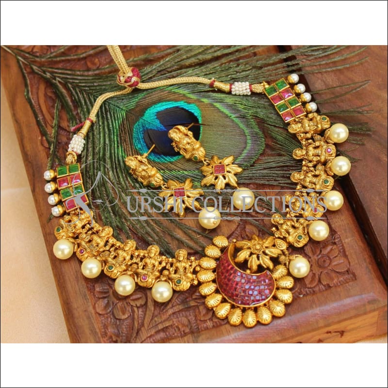 Elegant Matte Finish Temple Necklace Set UC-NEW561 - Ruby and Green - Necklace Set