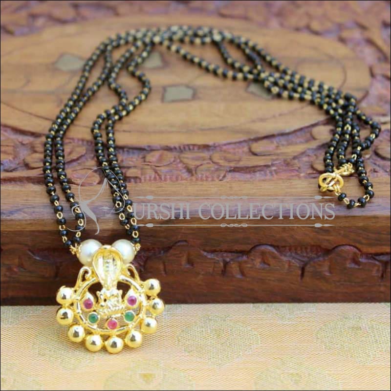 Elegant Temple Design Lakshmi Pendant Mangalasutra - Pink & Green - Mangalsutra