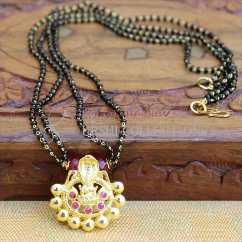 Elegant Temple Design Lakshmi Pendant Mangalasutra - Pink - Mangalsutra