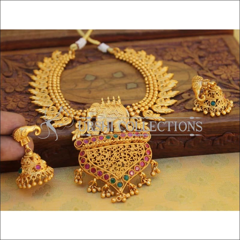 Elephant Designer Matte Finish Necklace Set UC-NEW316 - Ruby and Green - Necklace Set