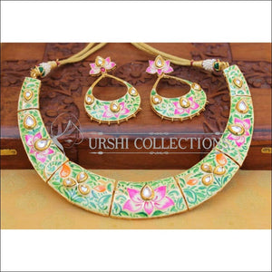 Enamel Designer Lotus Necklace Set UC-NEW1524 - Pista Green - Necklace Set