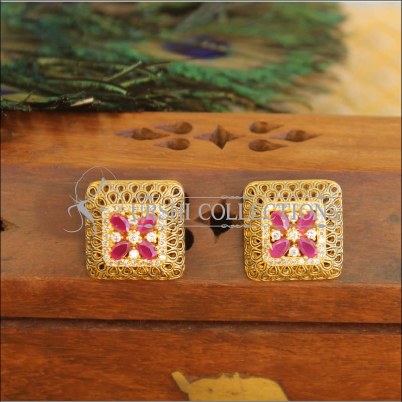Gold plated CZ Earrings M370 - RED - EARRINGS