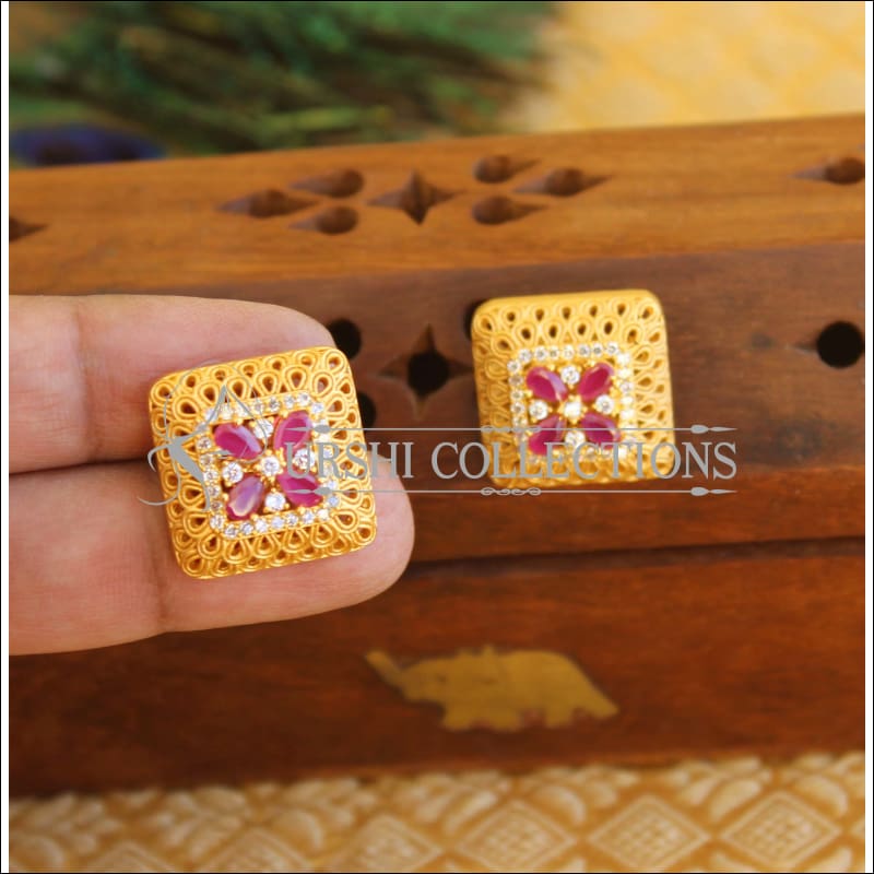 Gold plated CZ Earrings M375 - RED - EARRINGS
