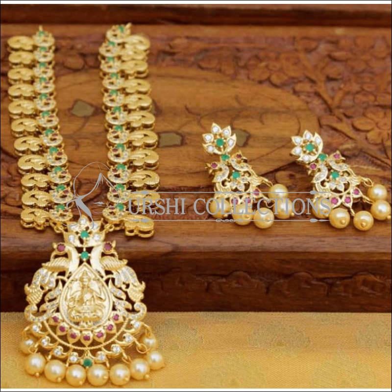 Gold Plated Lakshmi Pendant Necklace Set with Earrings - Green & Pink - Necklace Set
