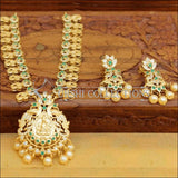 Gold Plated Lakshmi Pendant Necklace Set with Earrings - Green - Necklace Set
