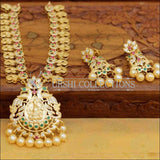 Gold Plated Lakshmi Pendant Necklace Set with Earrings - Pink & Green - Necklace Set